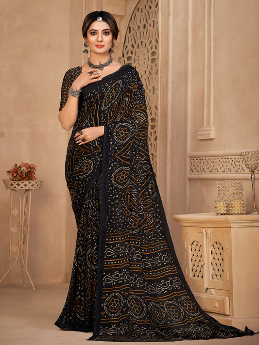 Black Black Bandhani Chiffon Printed Saree