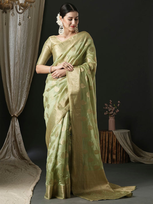 Green Light Banarasi Organza Woven Saree