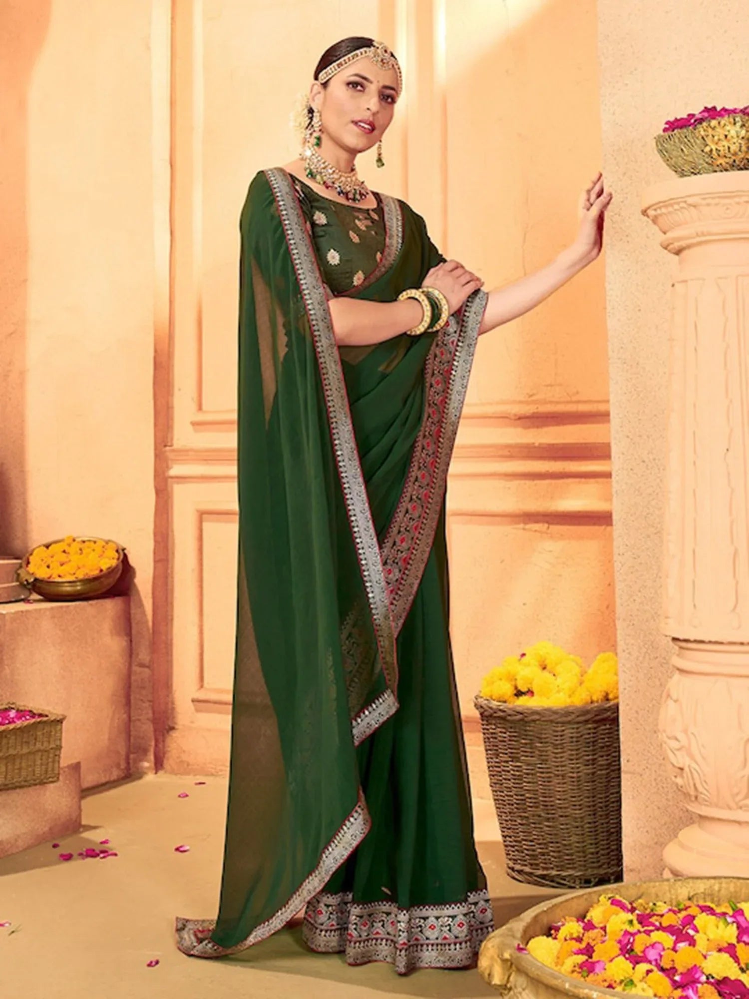 Designer Forest Green Georgette Saree - The Dori Store