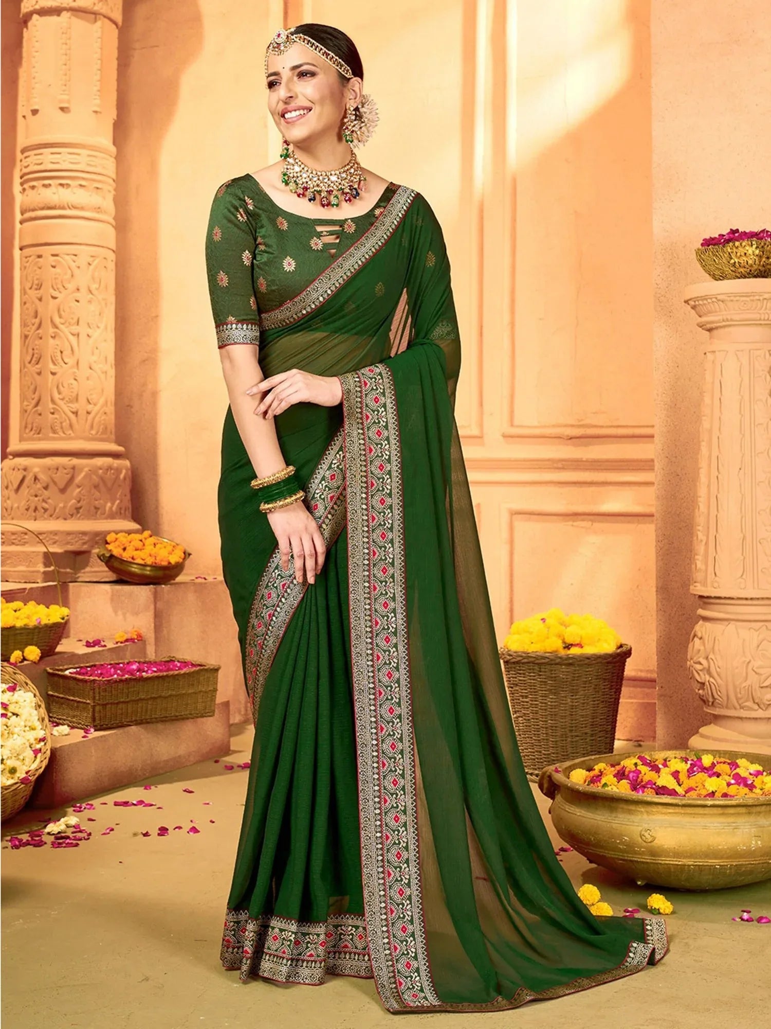 Designer Forest Green Georgette Saree - The Dori Store