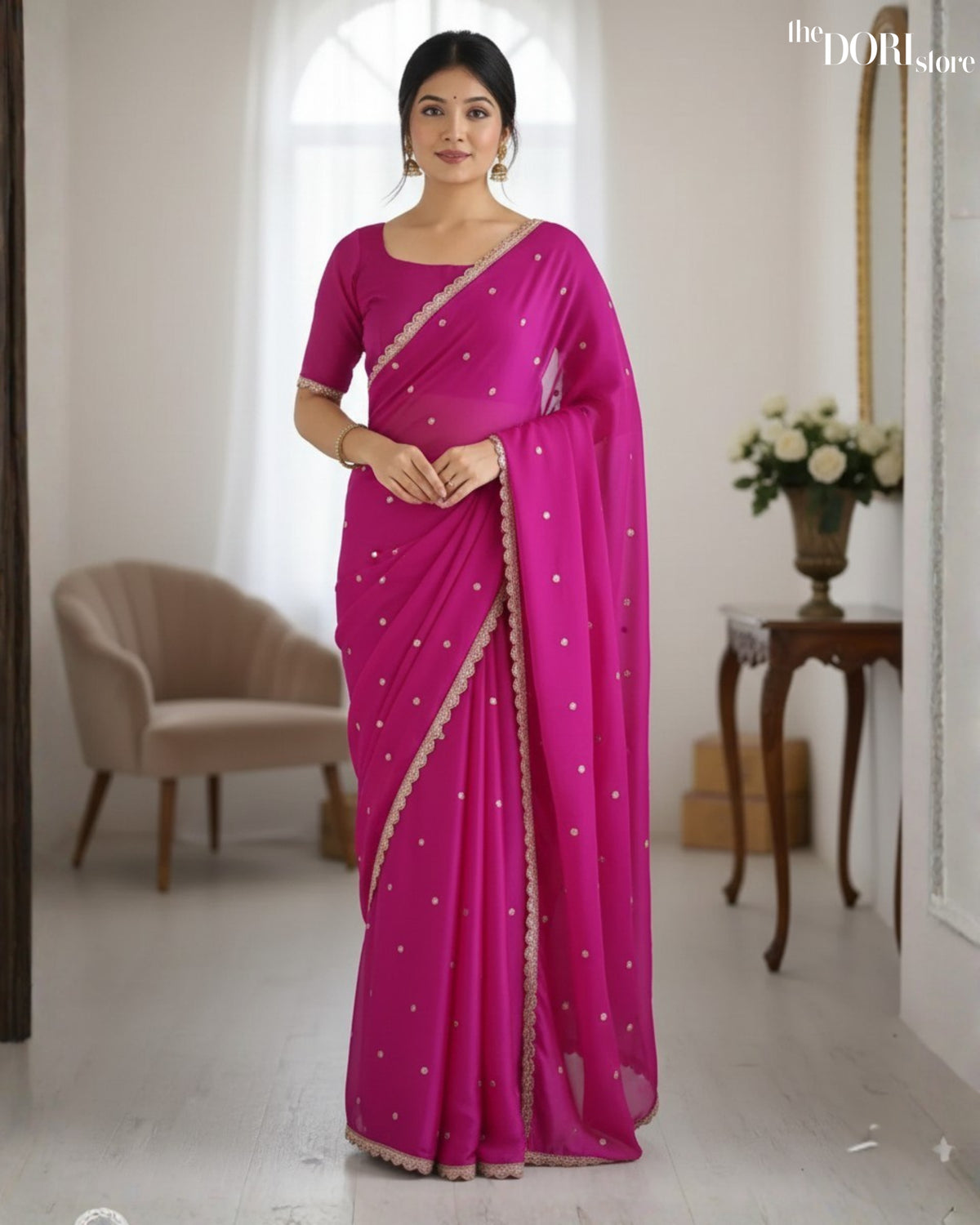 Pink Party Wear Pure Georgette Embellished Saree