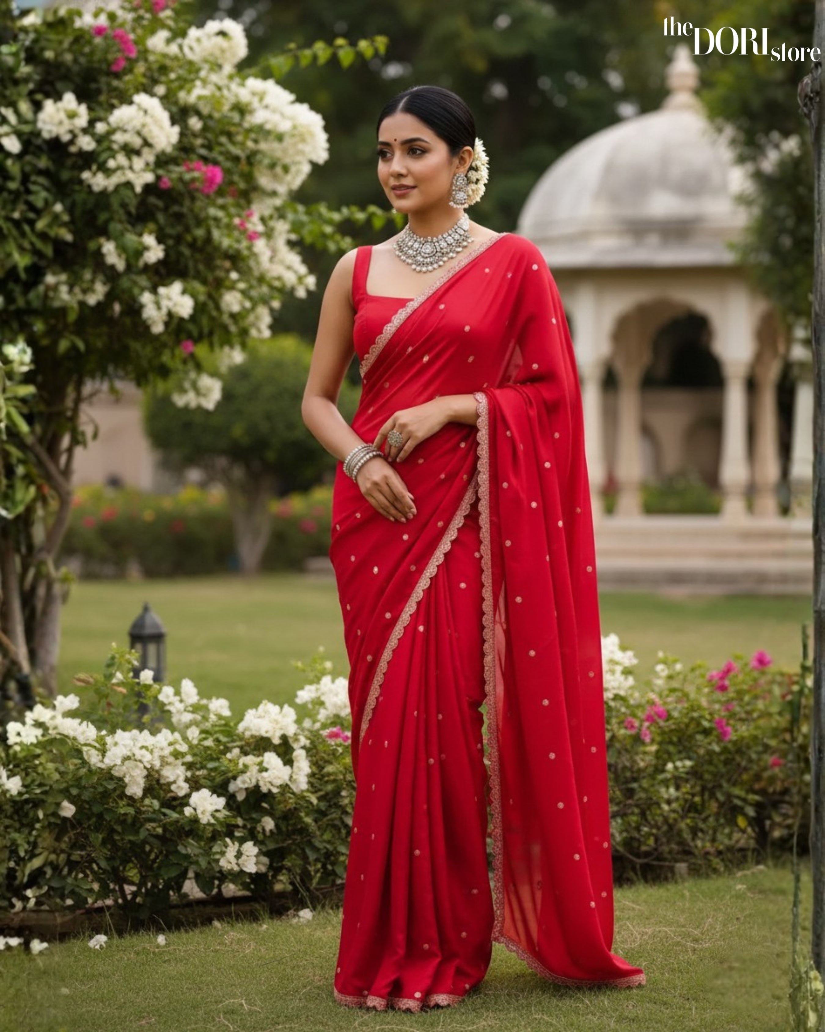 Red Party Wear Pure Georgette Embellished Saree
