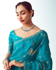 Blue Handwork Embroidery Designer Saree