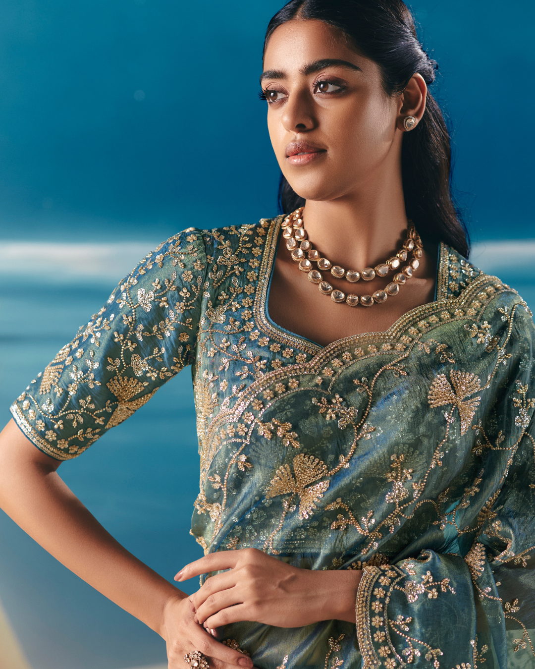 Blue Satin Organza Party Wear Saree