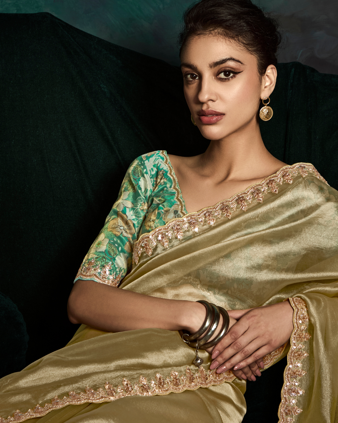 Designer Golden Sequin Work Saree