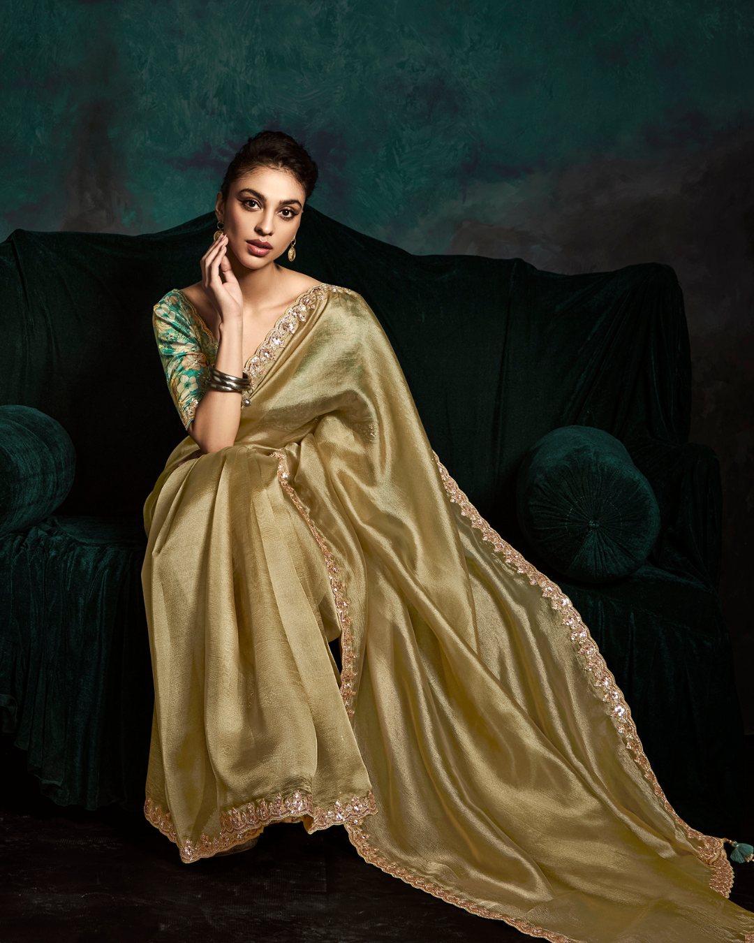 Designer Golden Sequin Work Saree
