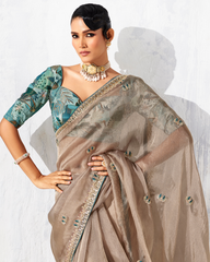 Grey Glass Tissue Organza Party Wear Saree
