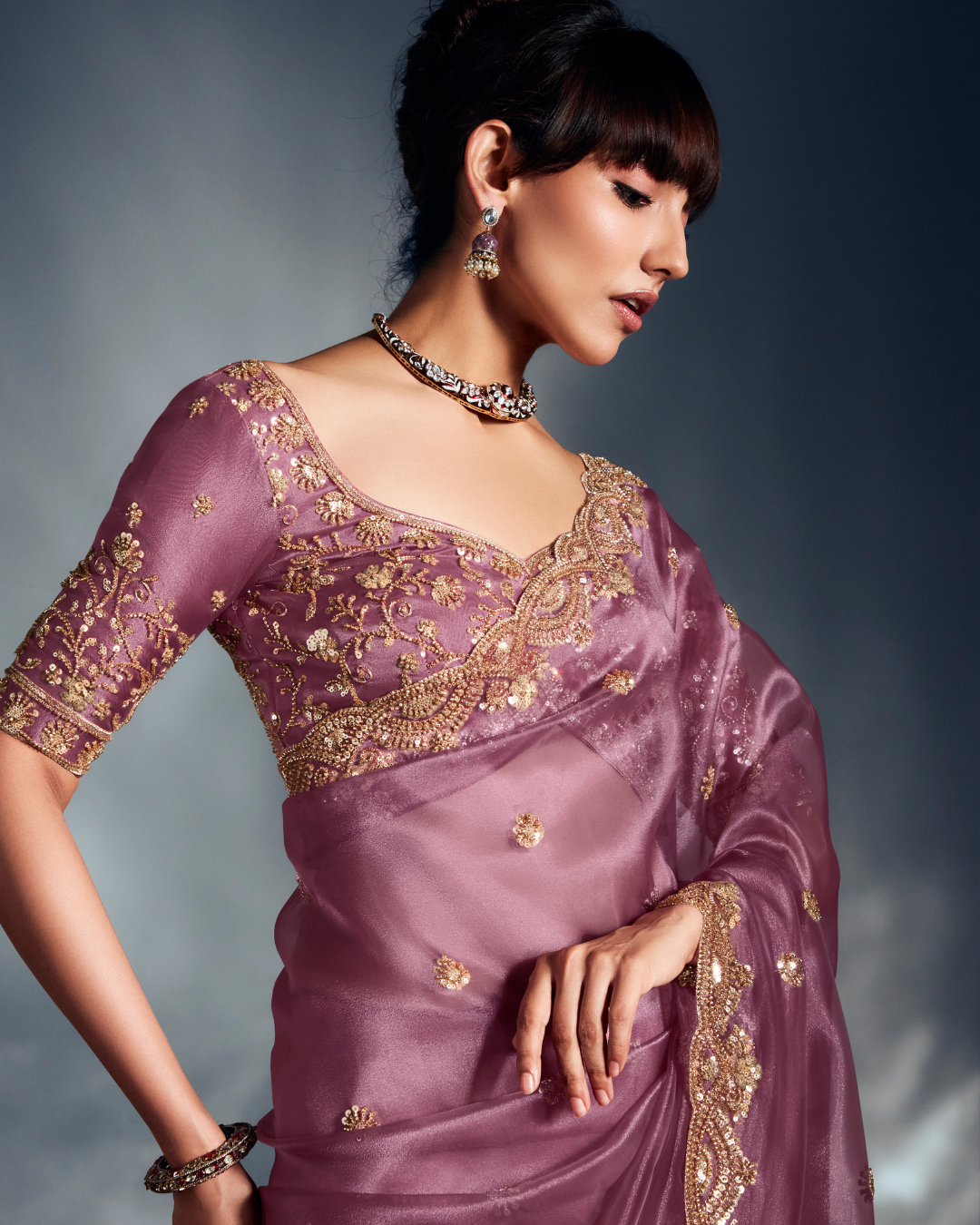 Lavender Pure Ho Tissue Organza Saree