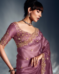 Lavender Pure Ho Tissue Organza Saree