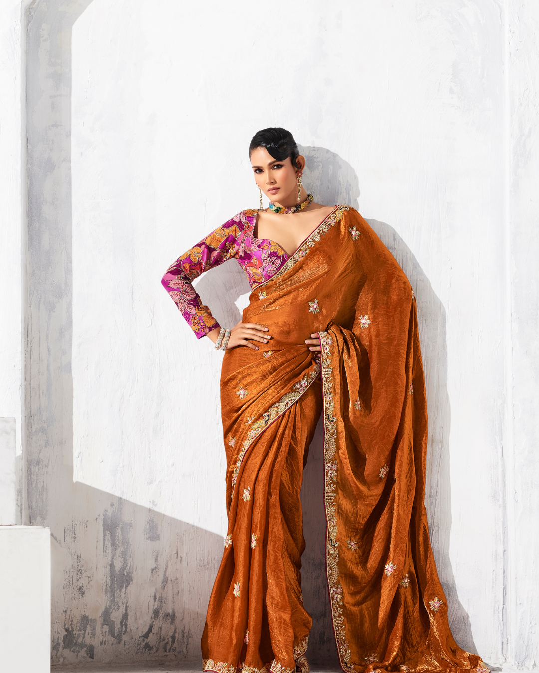 Brown Glass Tissue Organza  Party Wear Saree