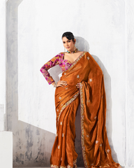 Brown Glass Tissue Organza  Party Wear Saree