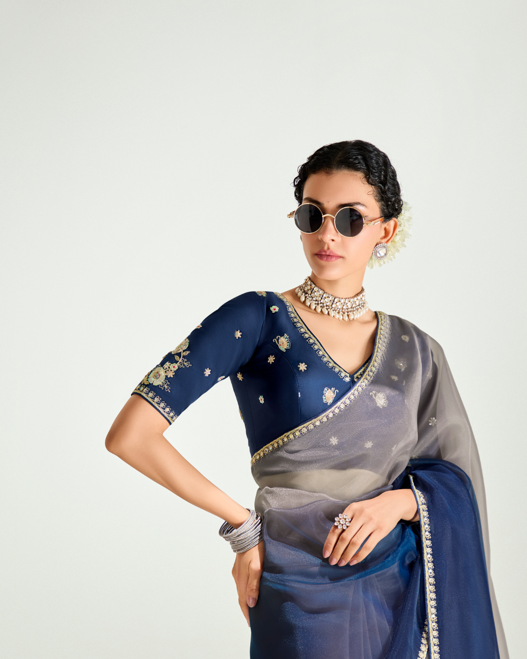 Deep Blue Organza Tissue Designer Saree