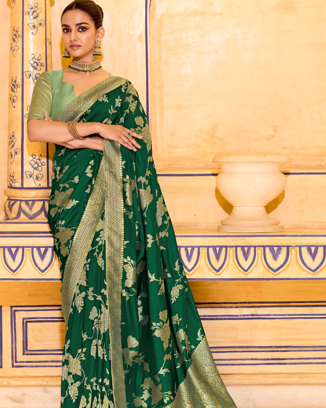 Green Crepe Silk Designer Saree