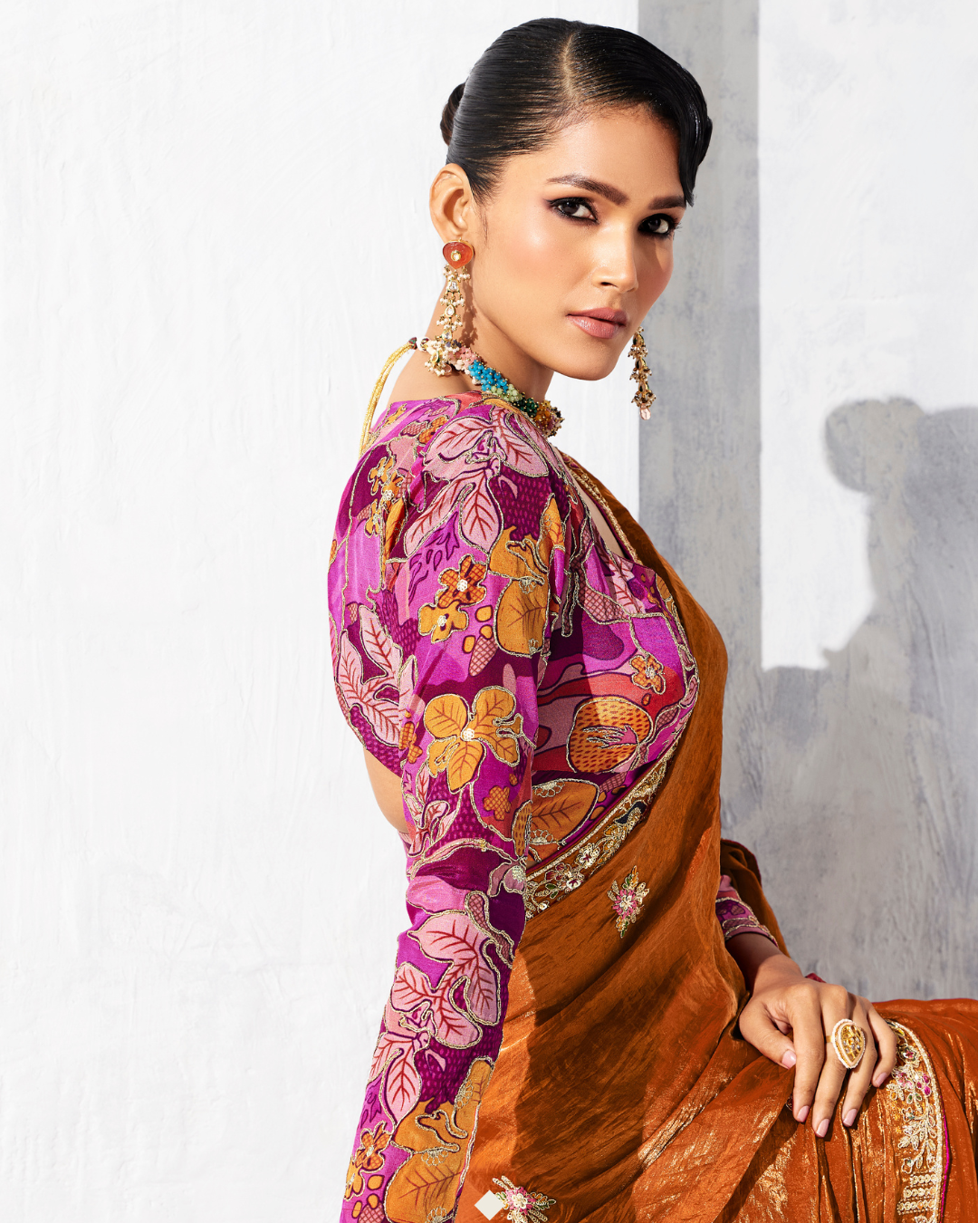 Brown Glass Tissue Organza  Party Wear Saree