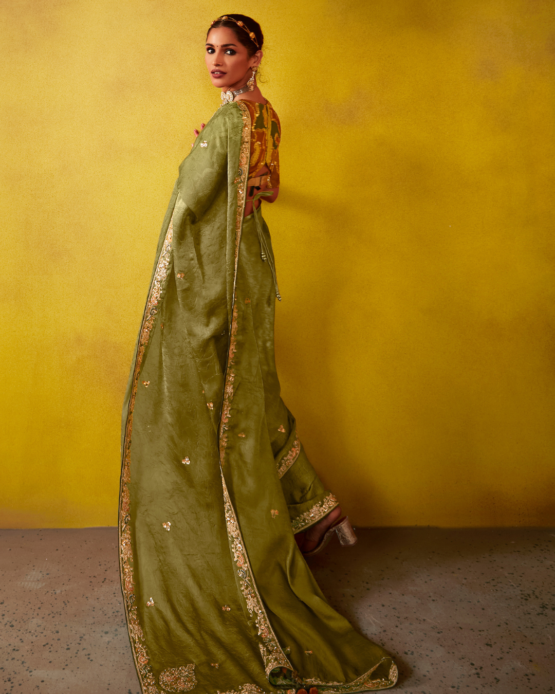 Green Glass Tissue Designer Saree