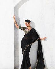 Black Glass Tissue Organza Designer Saree