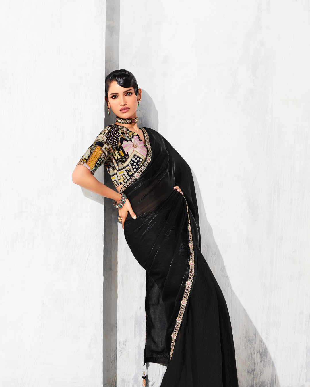 Black Glass Tissue Organza Designer Saree