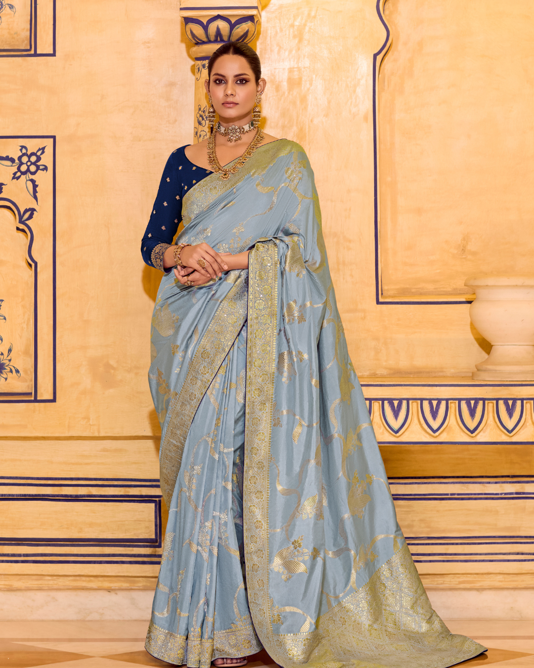 Light Blue Crepe Silk Designer Saree