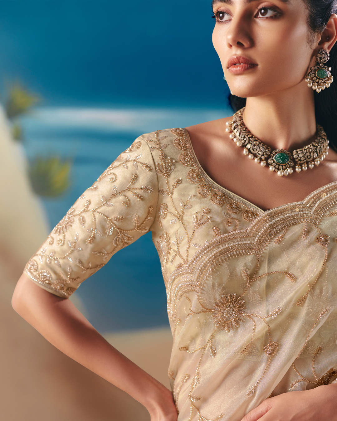 Ivory Satin Organza Designer Saree