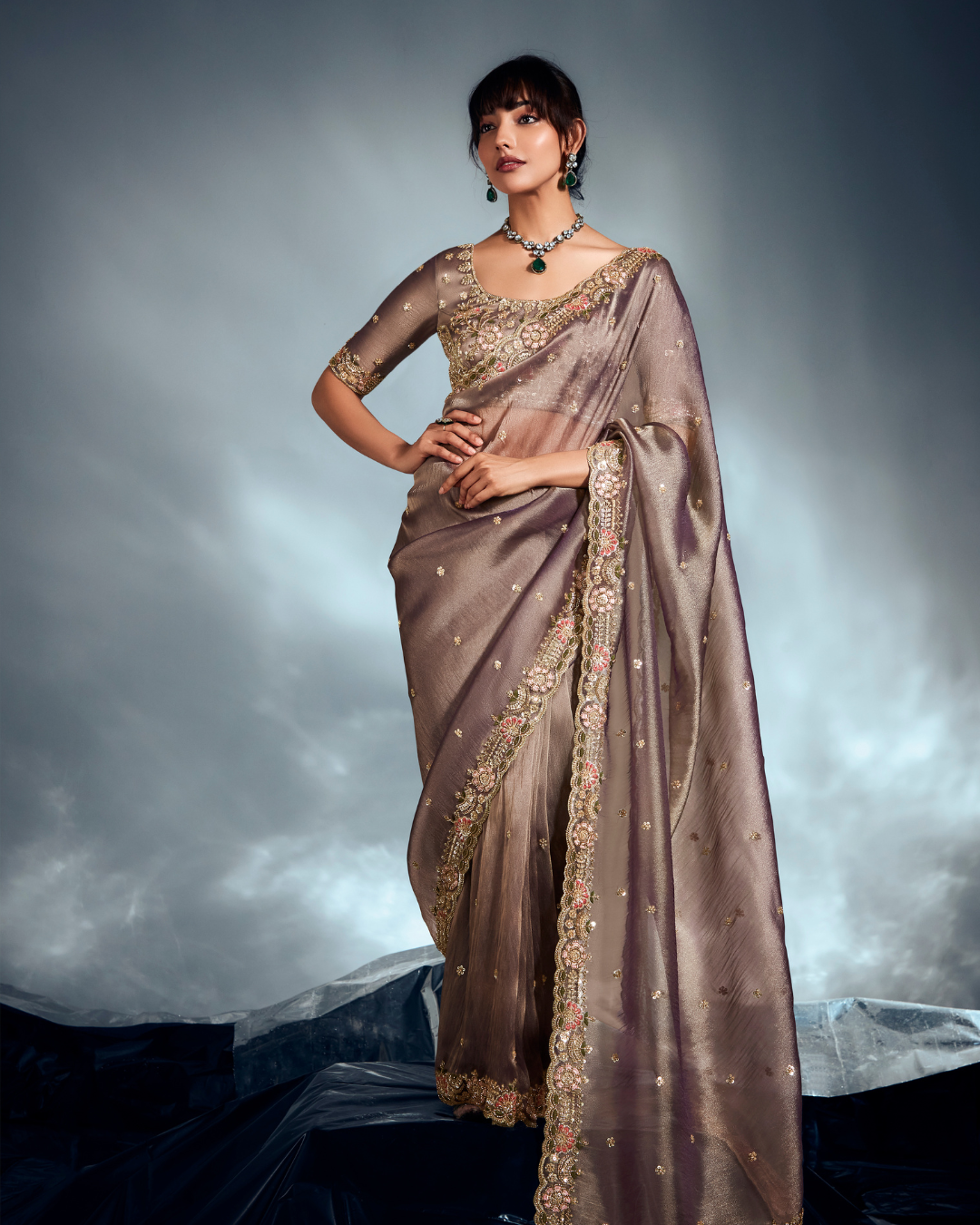 Grey Pure Ho Tissue Organza Saree