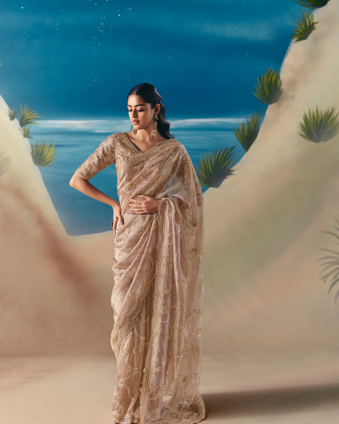 Beige Satin Organza Designer Saree
