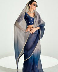 Deep Blue Organza Tissue Designer Saree