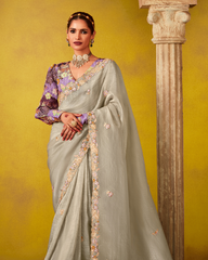 Party Wear Grey Glass Tissue Saree