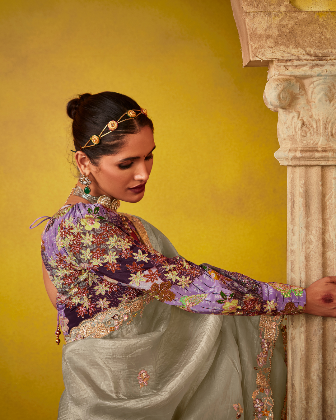 Party Wear Grey Glass Tissue Saree