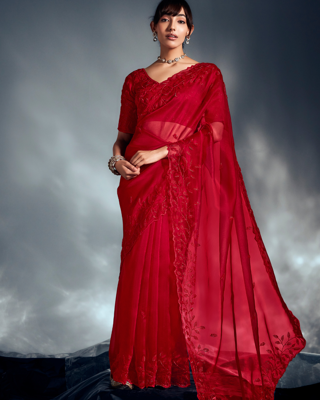 Red Pure Ho Tissue Organza Saree