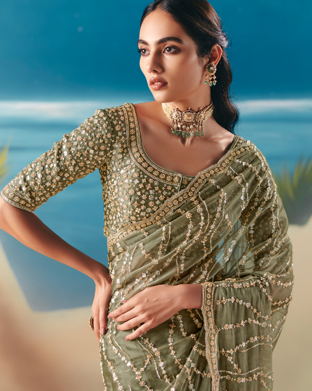 Green Satin Organza Designer Saree