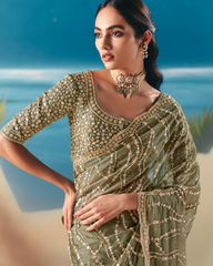 Green Satin Organza Designer Saree