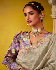 Party Wear Grey Glass Tissue Saree