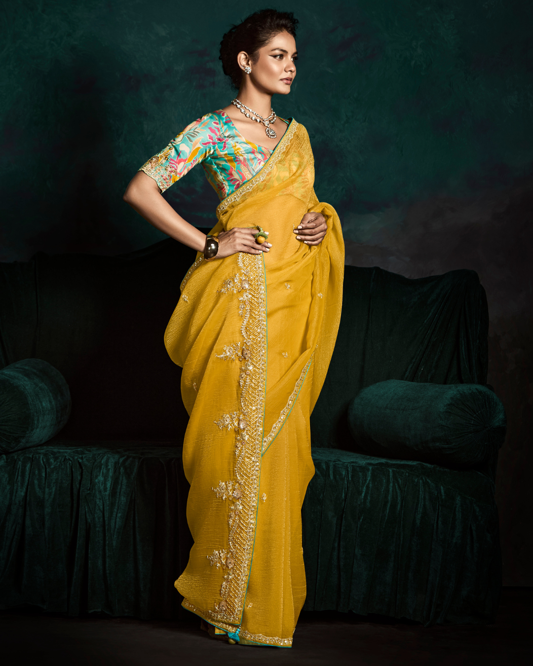 Yellow Sequin  Work Party Wear Saree
