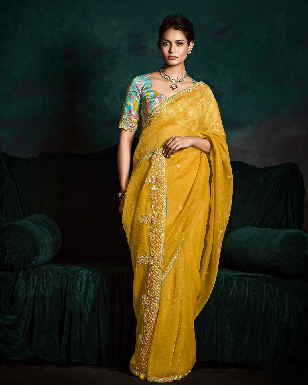 Yellow Sequin  Work Party Wear Saree