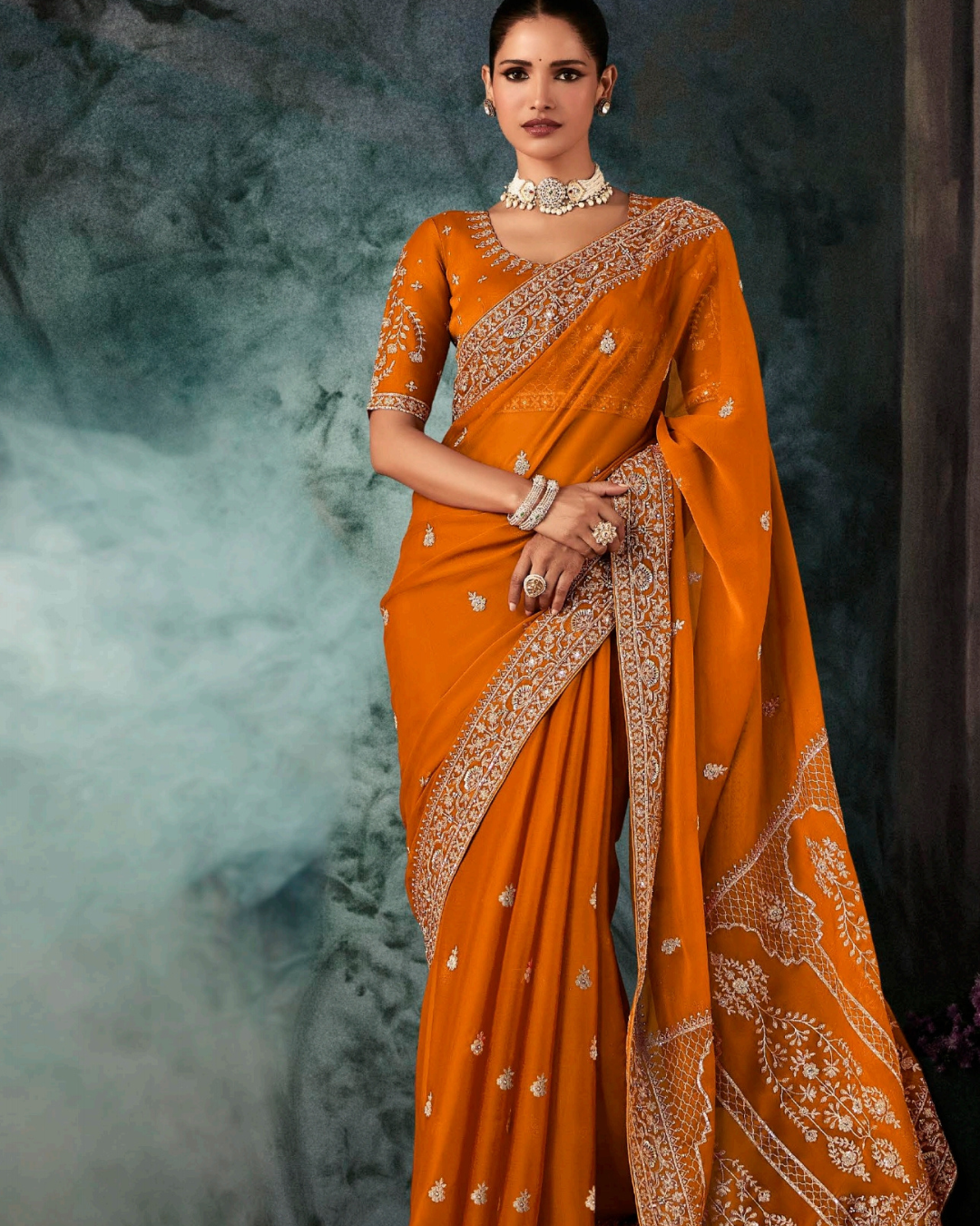 Orange Georgette Designer Saree