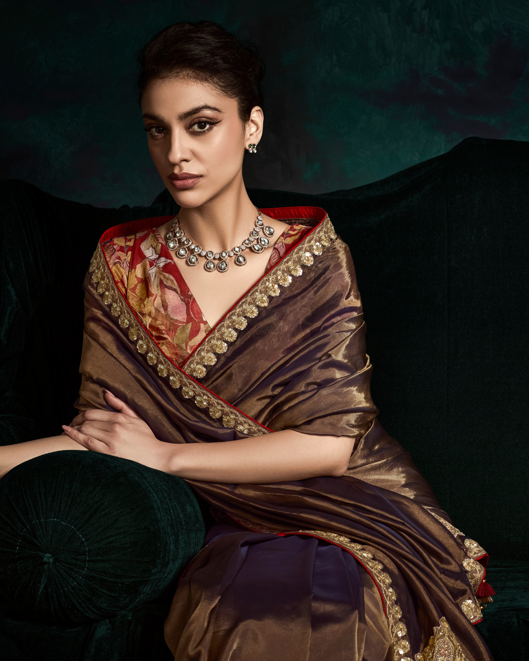 Brown Sequin Work Party Wear Saree