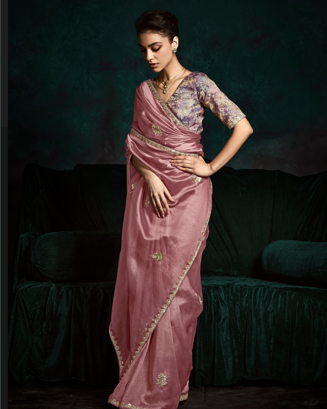 Pink Sequin Work Party Wear Saree