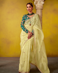 Yellow Glass Tissue Designer Saree