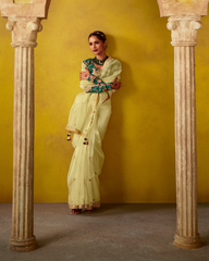 Yellow Glass Tissue Designer Saree