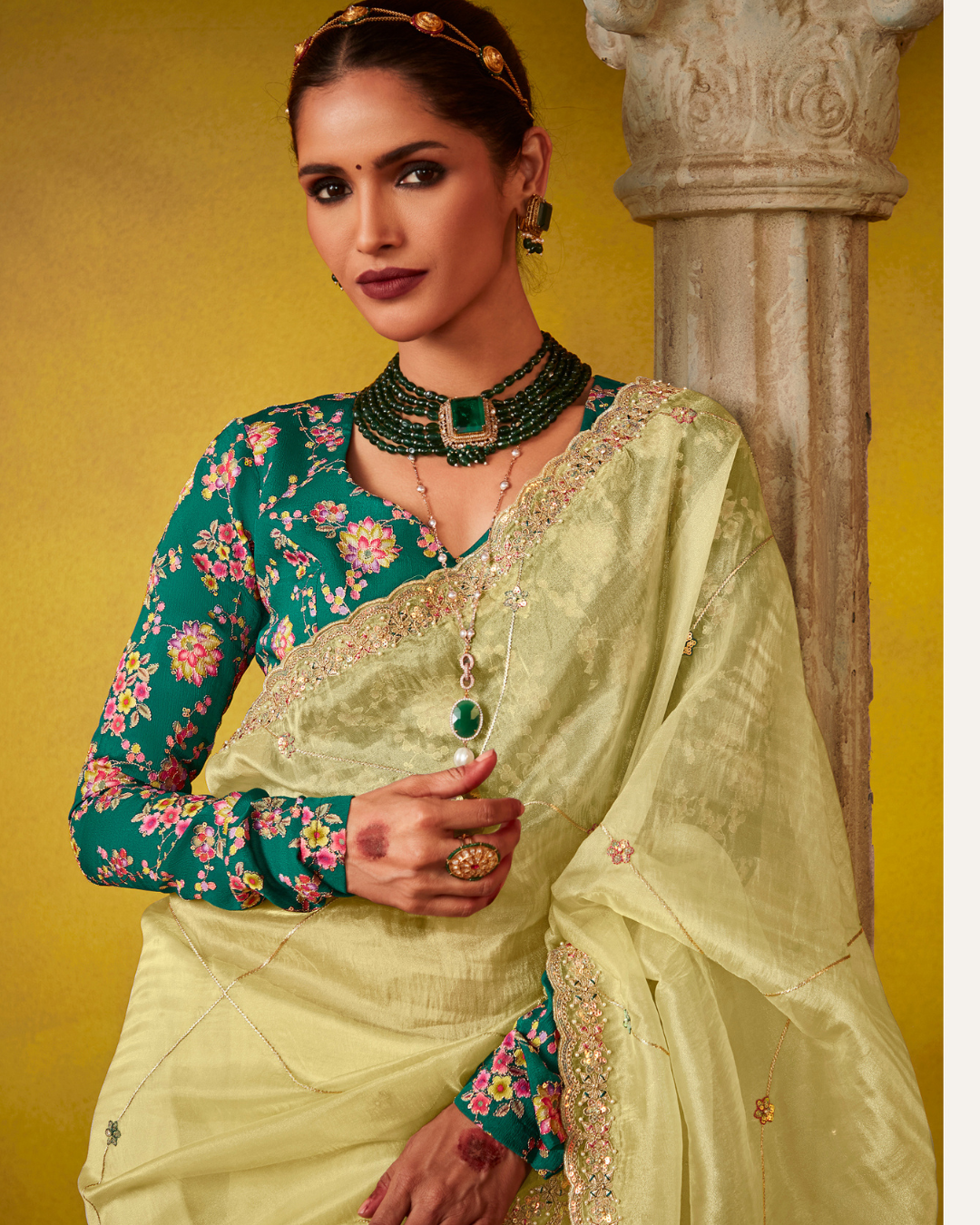 Yellow Glass Tissue Designer Saree