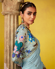 Light Blue Party Wear Glass Tissue Saree