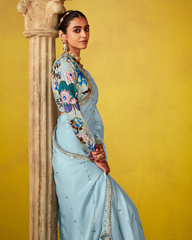 Light Blue Party Wear Glass Tissue Saree