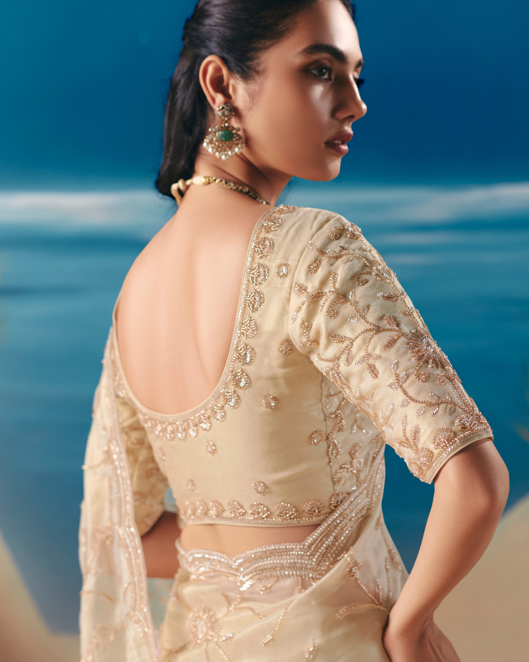 Ivory Satin Organza Designer Saree