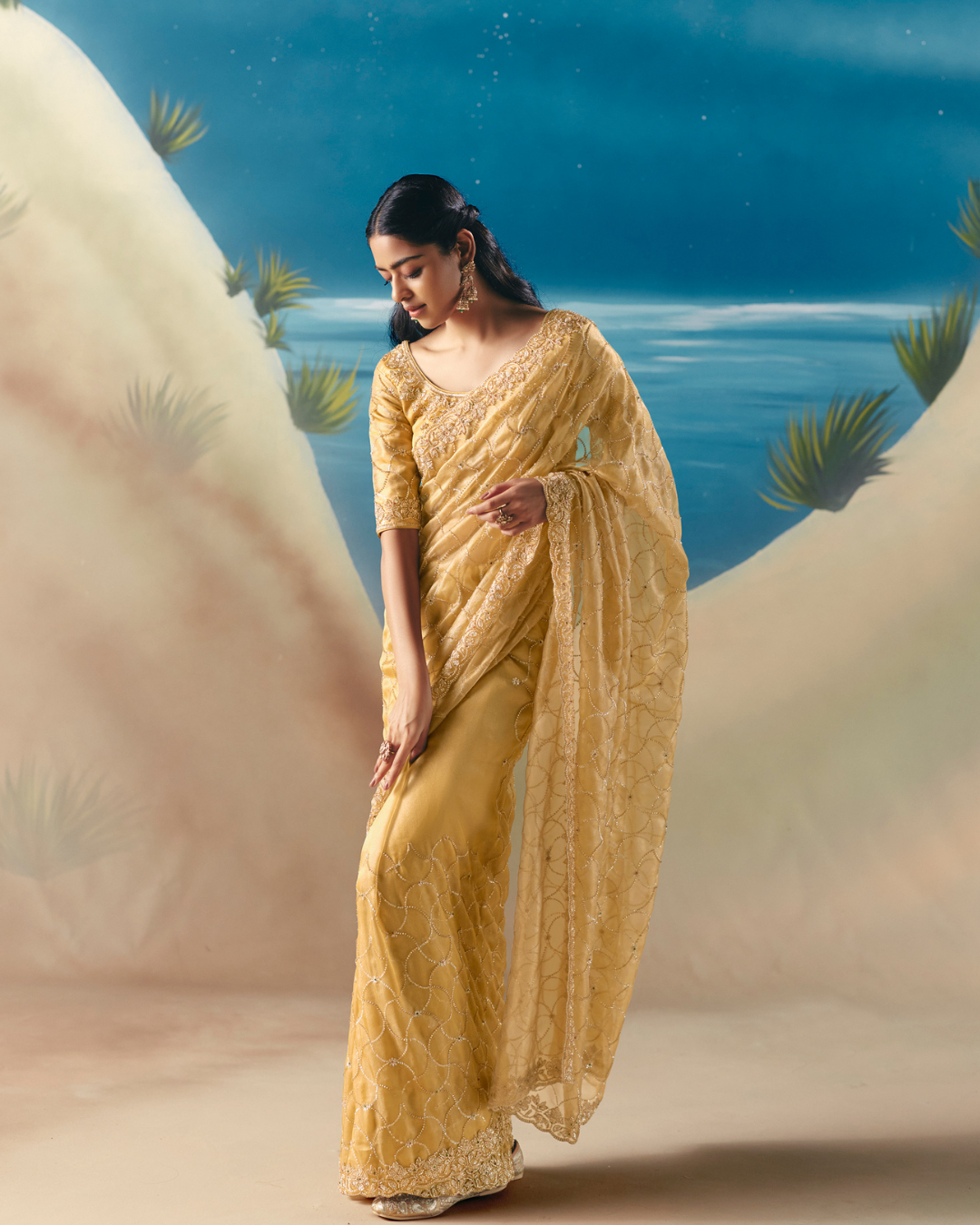 Light Yellow Satin Organza Saree