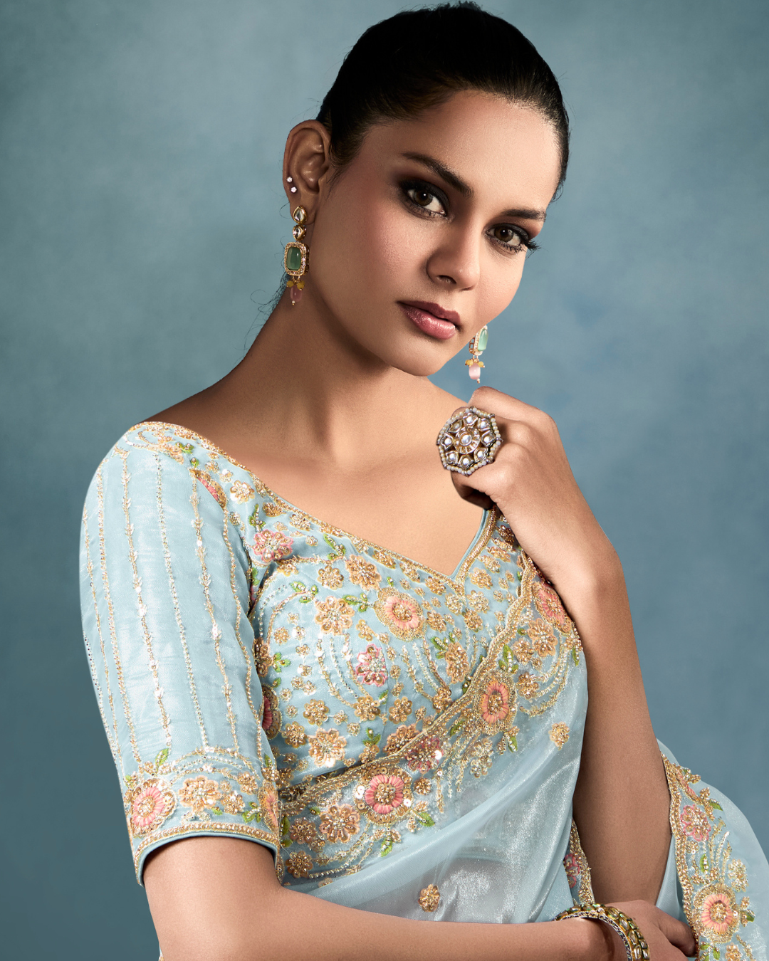 Light Blue Ho & Tissue Designer Saree