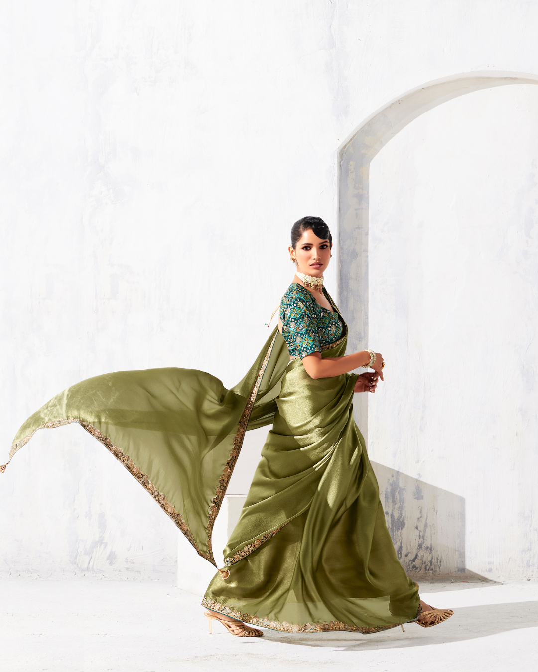 Green Glass Tissue Organza Designer Saree