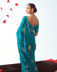 Blue Handwork Embroidery Designer Saree