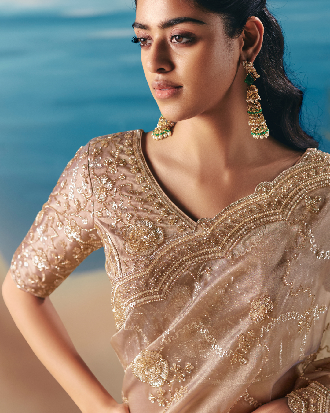 Beige Satin Organza Designer Saree