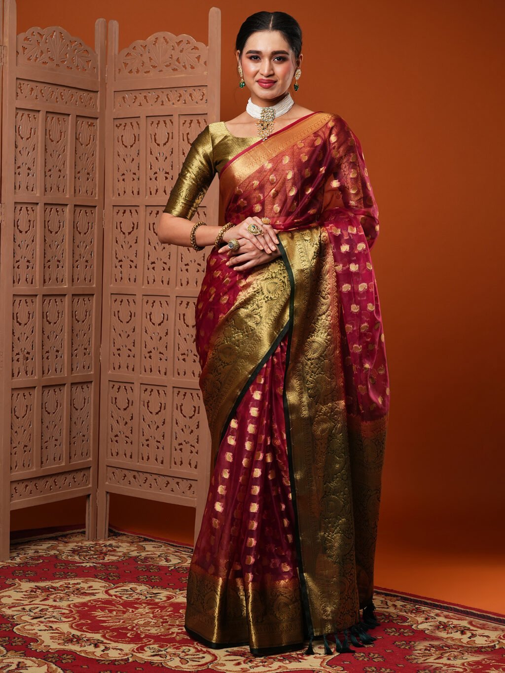 Heritage Burgundy Banarasi Organza Wedding Saree - Image 2