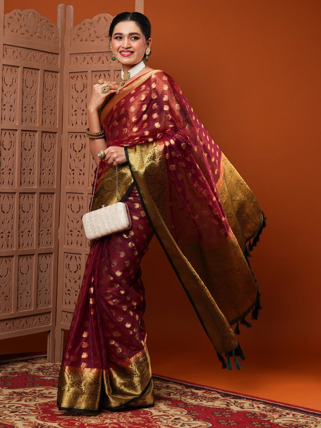 Heritage Burgundy Banarasi Organza Wedding Saree - Image 4